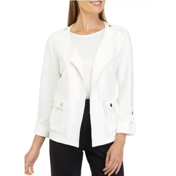 KASPER 3/4 Sleeve Wing Collar Crosshatch Jacket Plus Size 3X Ivory Gold Button - Picture 1 of 10